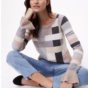 LOFT pastel checkered ruffle wool blend sweater M